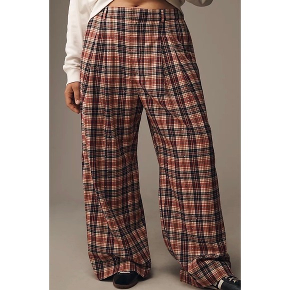 Maeve Pants - Maeve Women's 1X Plus The Avery Wide Leg Pants Red Plaid Sequin Holiday Trousers